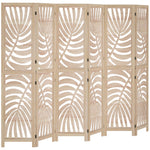 Paravent interieur en bois 6 panneaux 240 x 170 cm, pliable et portable, motif de feuille, design amovible, bois naturel