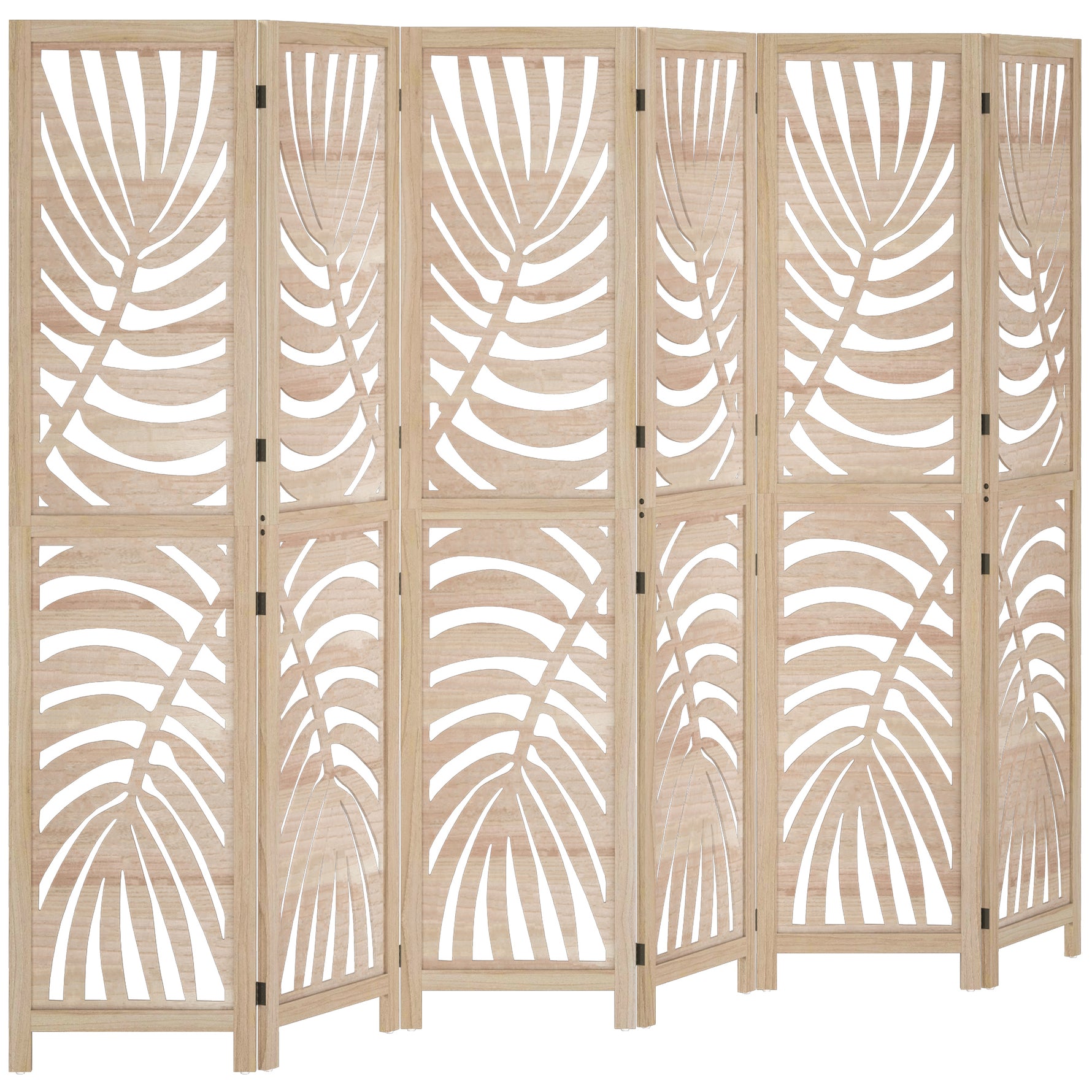 Paravent interieur en bois 6 panneaux 240 x 170 cm, pliable et portable, motif de feuille, design amovible, bois naturel