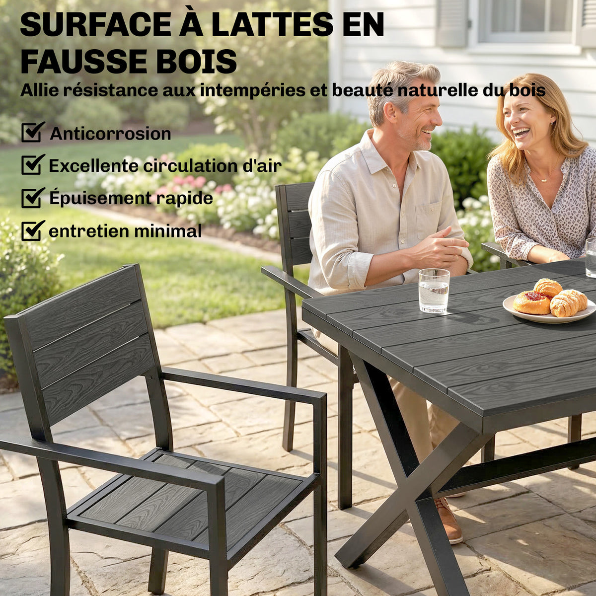 Ensemble de Salle à Manger Extérieur 7 Pièces pour 6 Personnes, Table et Chaises Empilables avec Lattes Effet Bois, Cadre en Aluminium, Gris