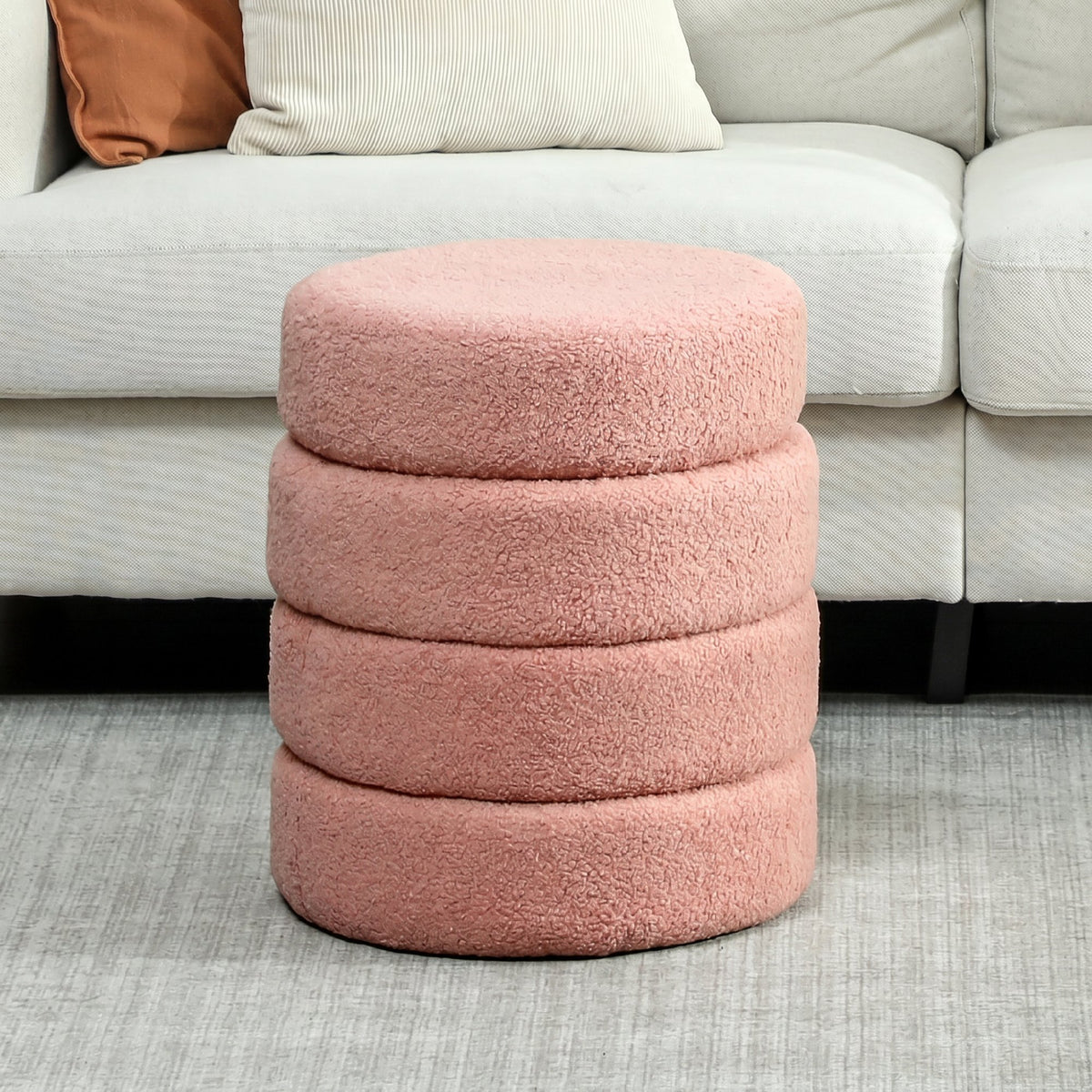 Poggiapiedi da salotto, sgabello ottomano rotondo imbottito in tessuto Teddy, per camera da letto, ingresso, Ø 40 x 45 cm, rosa