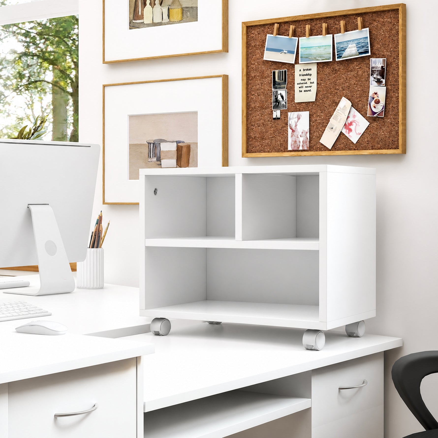 Support d'imprimante meuble de rangement bureau caisson 4 compartiments ouverts 40L x 30l x 36H cm blanc