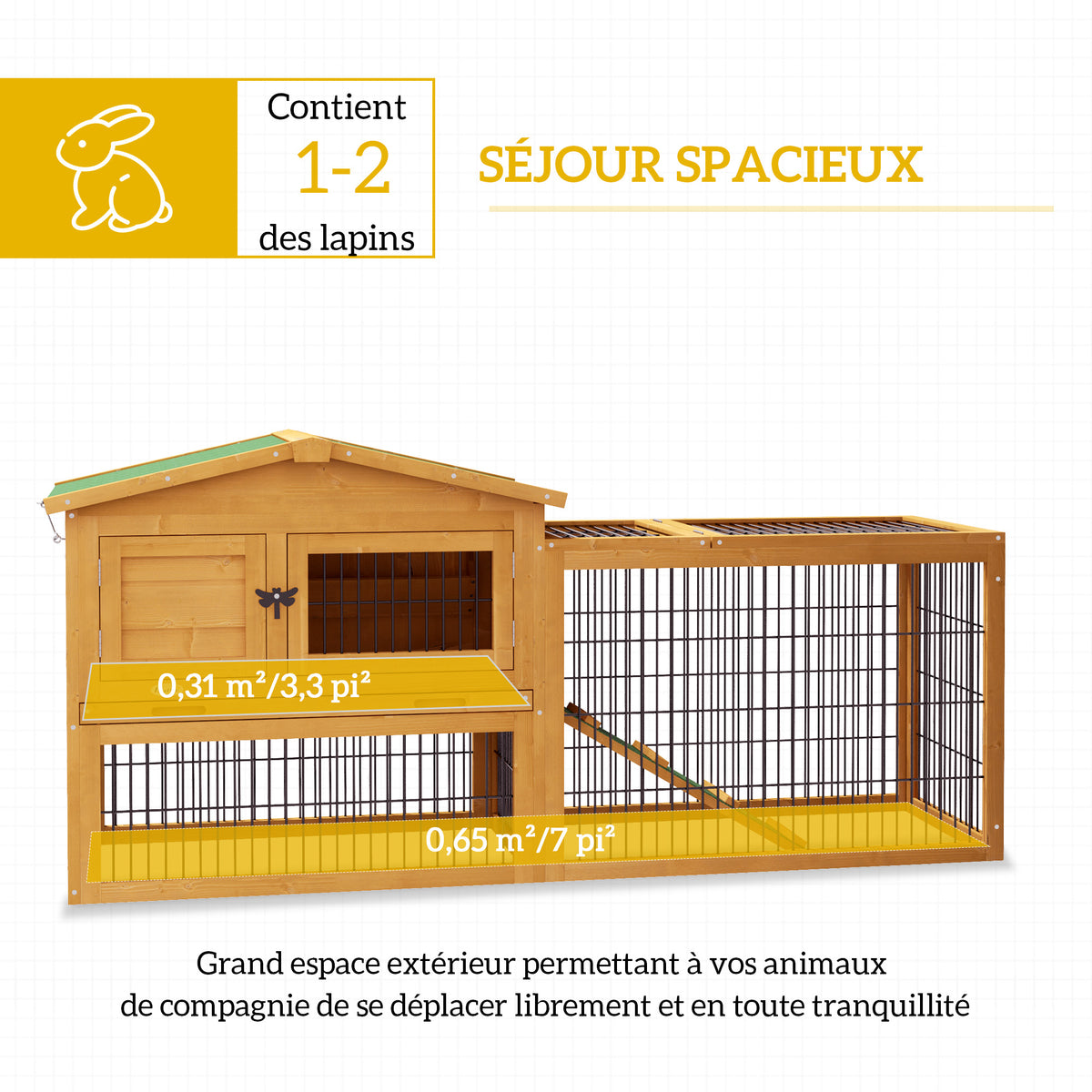Clapier de sol cage à lapin niche supérieure avec rampe enclos extérieur porte verrouillable 150 x 52,5 x 68 cm jaune