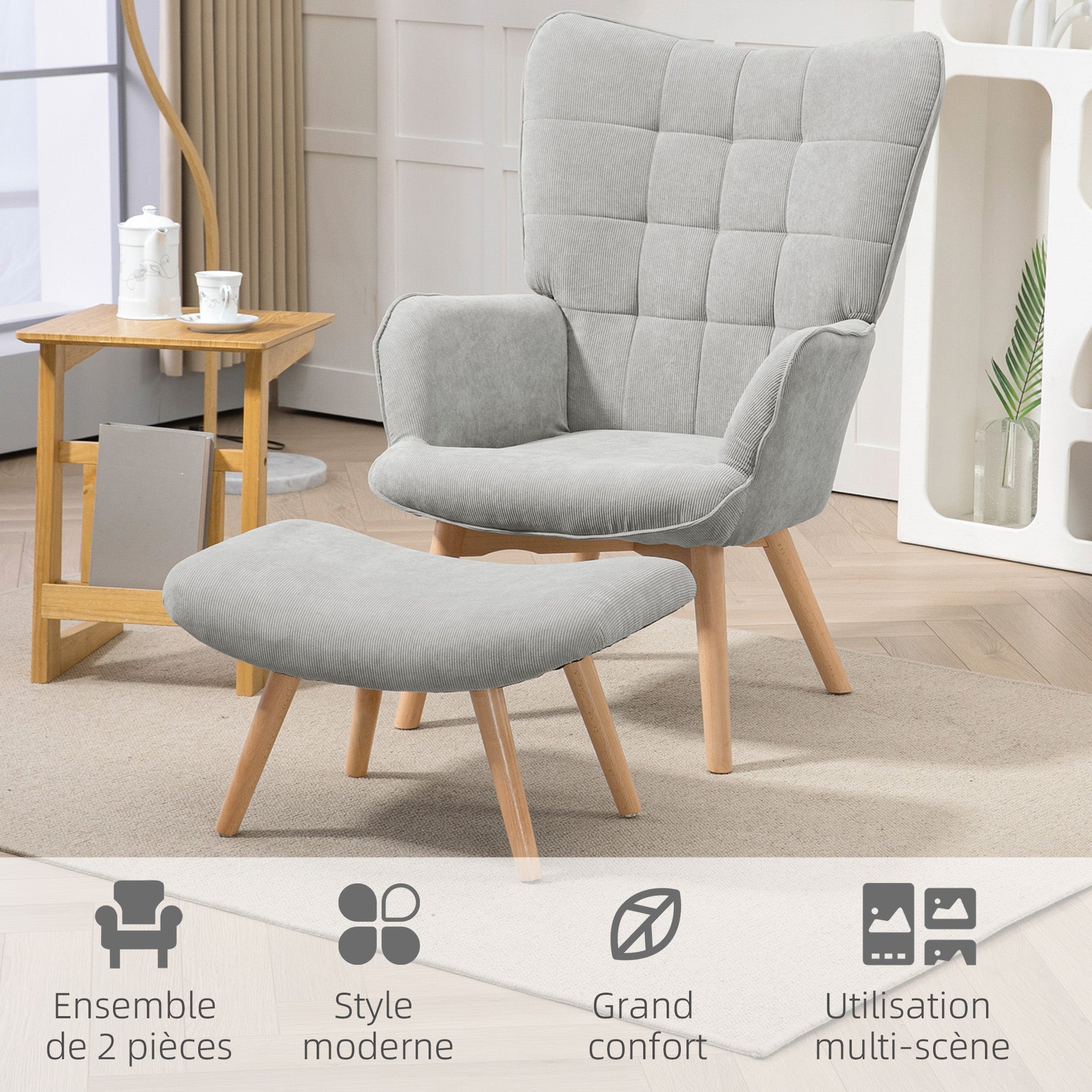 Sessel mit Fußhocker, hohe Rückenlehne, Holzbeine und Stoff in Kord-Optik, für Wohnzimmer Schlafzimmer grau