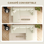 Canapé d'angle réversible 3 places moderne avec coussins inclus, tissu velours côtelé, crème