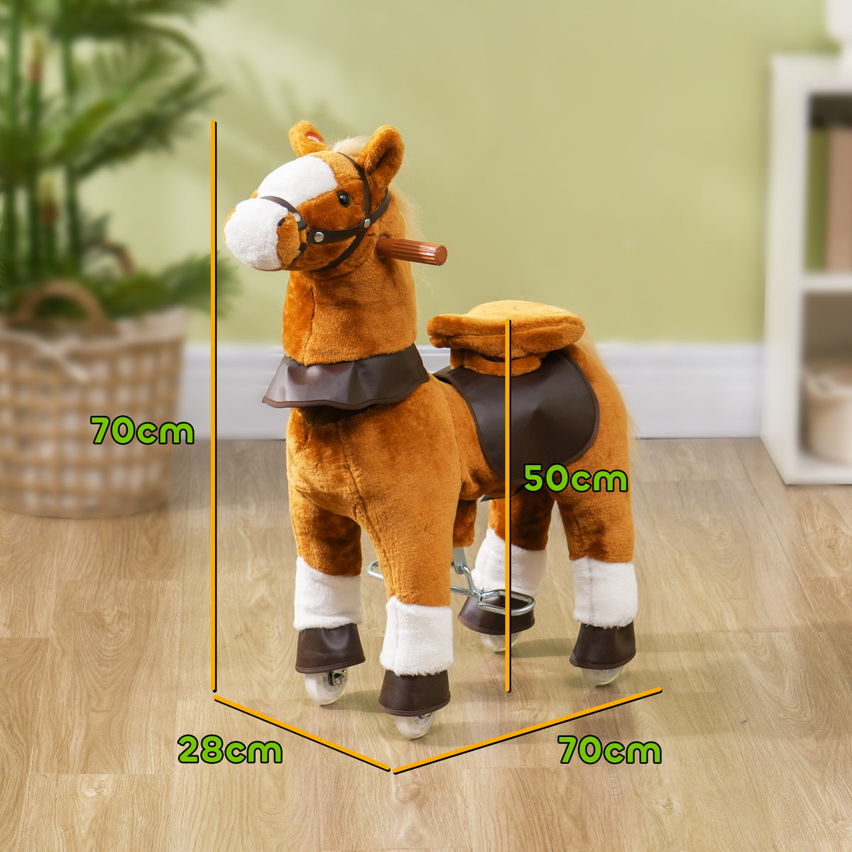 Cavallo giocattolo per bambini a rotelle con sella rialzata per bambini 3-5 anni, portata 60 kg, 70 x 28 x 70 cm, marrone