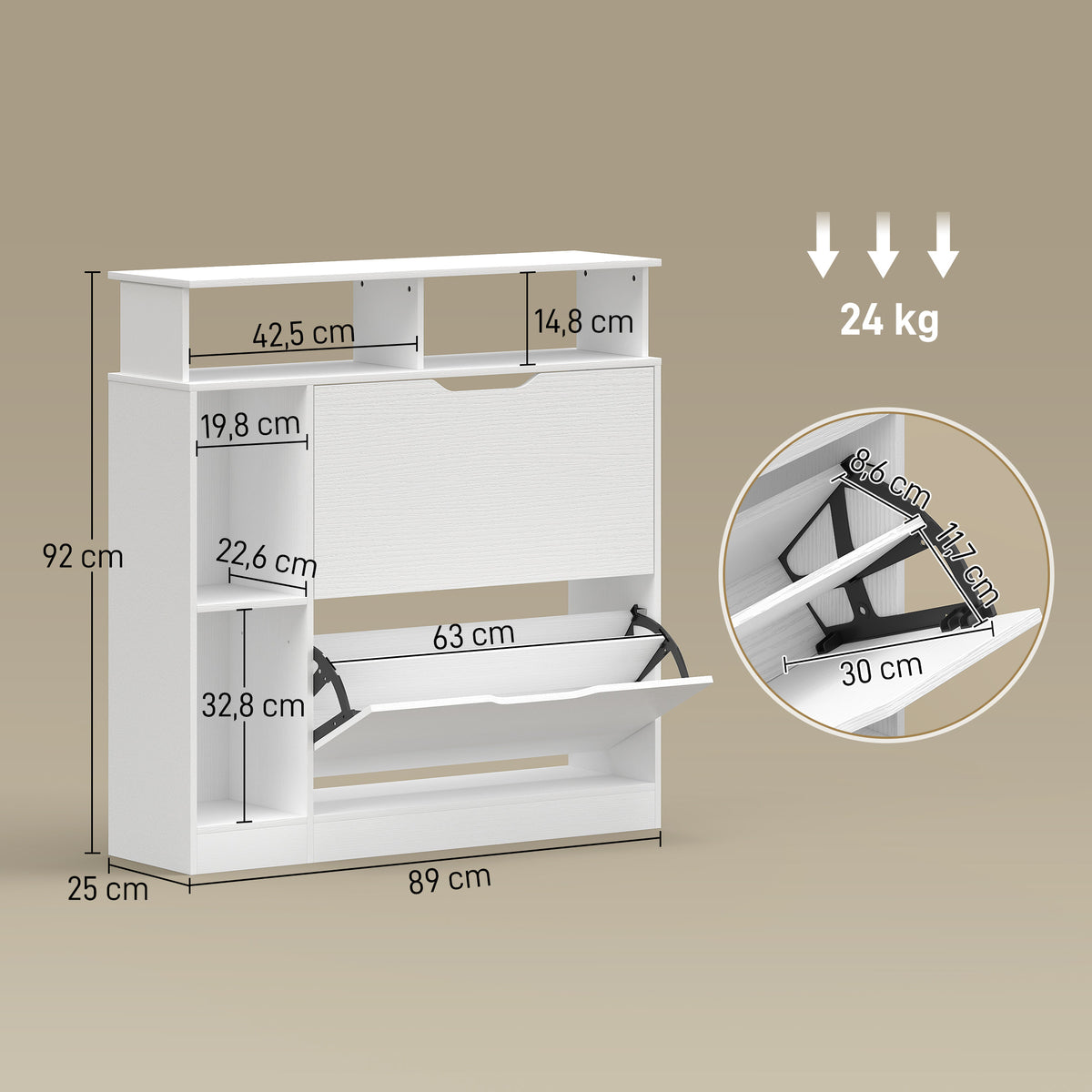 Meuble à chaussures, armoire à chaussures, 2 tiroirs rabattables, compartiments ouverts et étagère réglable, blanc