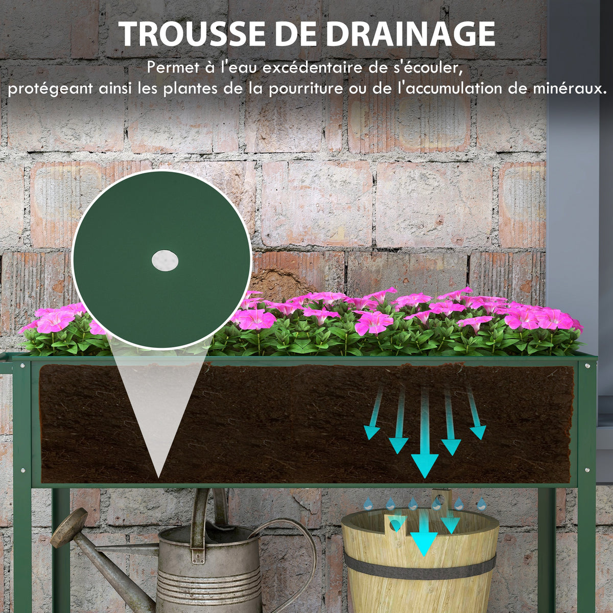 Jardinière sur Pieds Potager dim. 109L x 44l x 80H cm étagère 2 Roues + Insert d'irrigation métal Vert