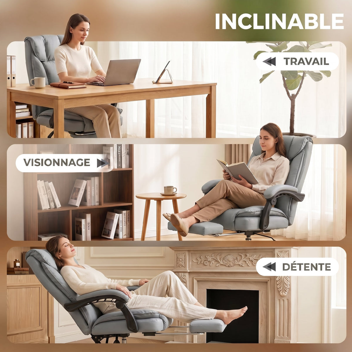 Chaise de bureau ergonomique, fauteuil de bureau inclinable avec repose-pieds, hauteur réglable, pivotante 360°, gris