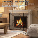 Pare feu cheminée pliable 3 panneaux en acier avec décor géométrique et pieds antidérapants, 135l x 1,2P x 85H cm, noir-3