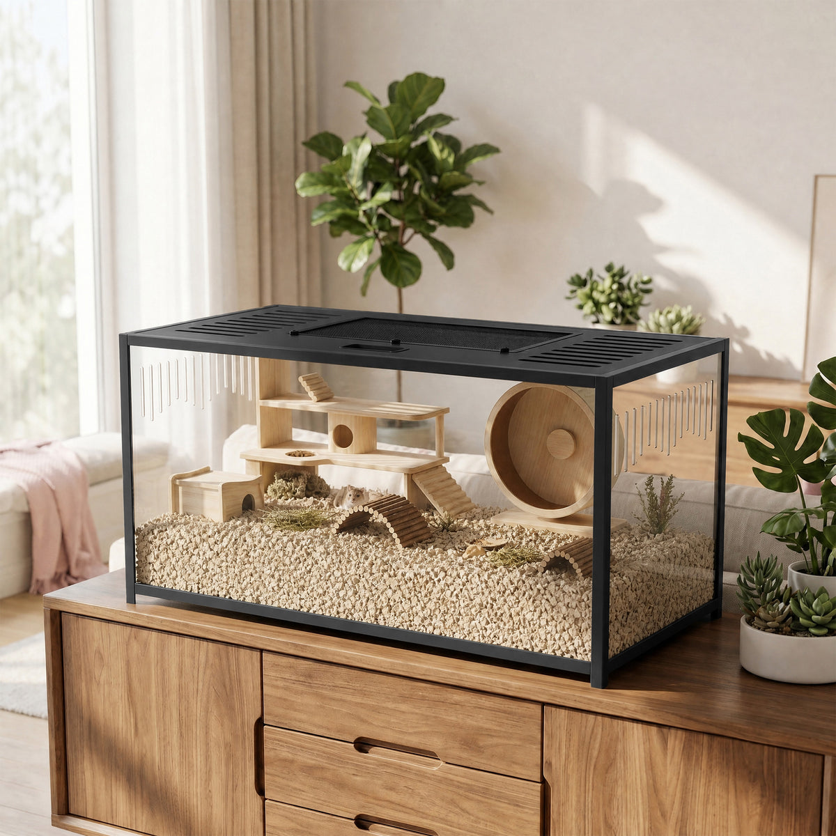 Cage Hamster Habitat Rongeur Vue Panoramique 360° Structure Robuste en Métal Espace Étanche Profond 100x50x52,5 cm Noir