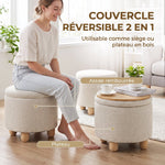 Ronde opbergpoef van jute, voetenbankje met deksel, poten van rubberwood, beige