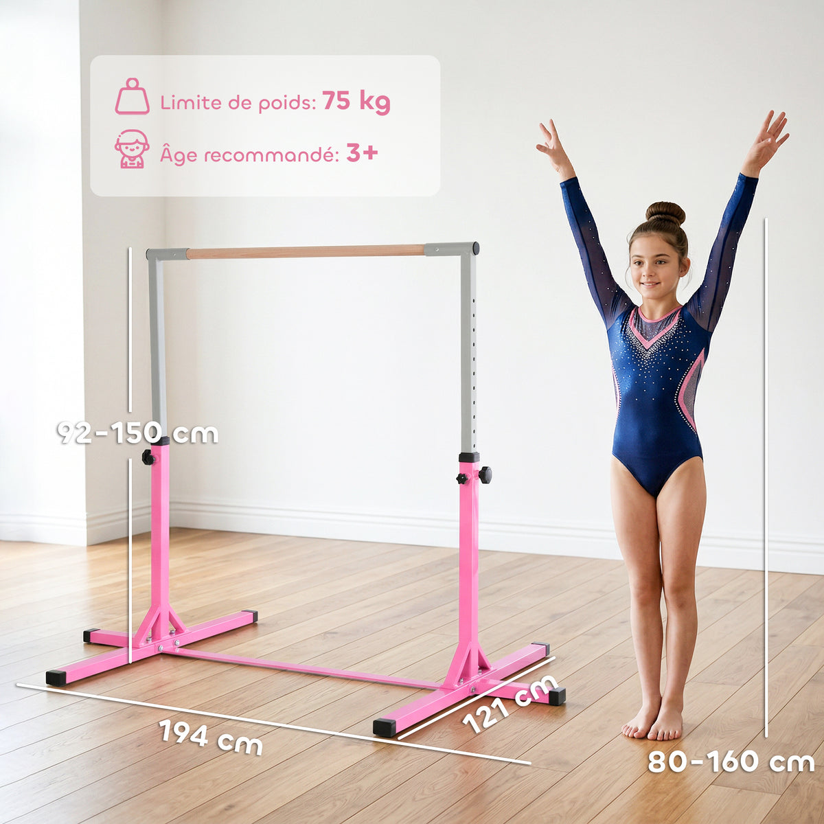 Barre Fixe de Gymnastique pour Enfant, Hauteur Réglable sur 13 Niveaux de 92-150 cm, en Acier et Bois de Hêtre, Barre de Gym d'Entraînement à Domicile, Antidérapant, Facile à Assembler, Rose