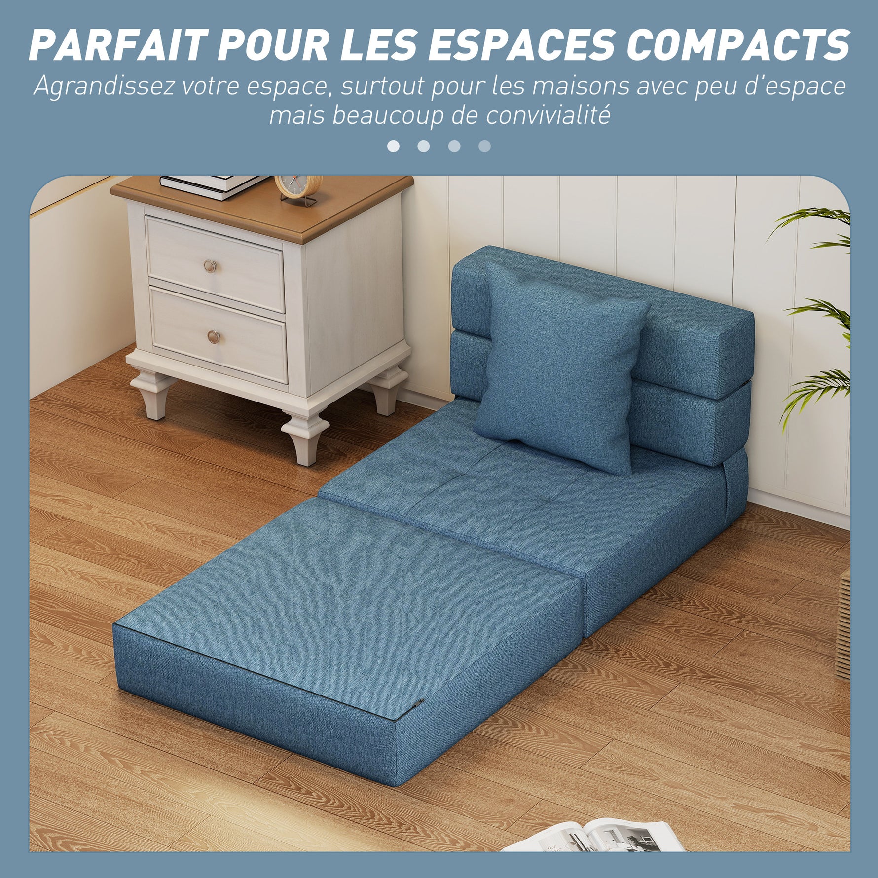 Chauffeuse canapé-lit convertible fauteuil 1 place avec 1 coussin déhoussable, tissu bleu foncé