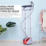 Défroisseur vapeur vertical 1950 W 32g/min, réservoir d'eau de 2 litres, tige télescopique, fer vertical autonomie 45min, 11 températures réglables, prêt en 38s, planche et cintre fournis rouge
