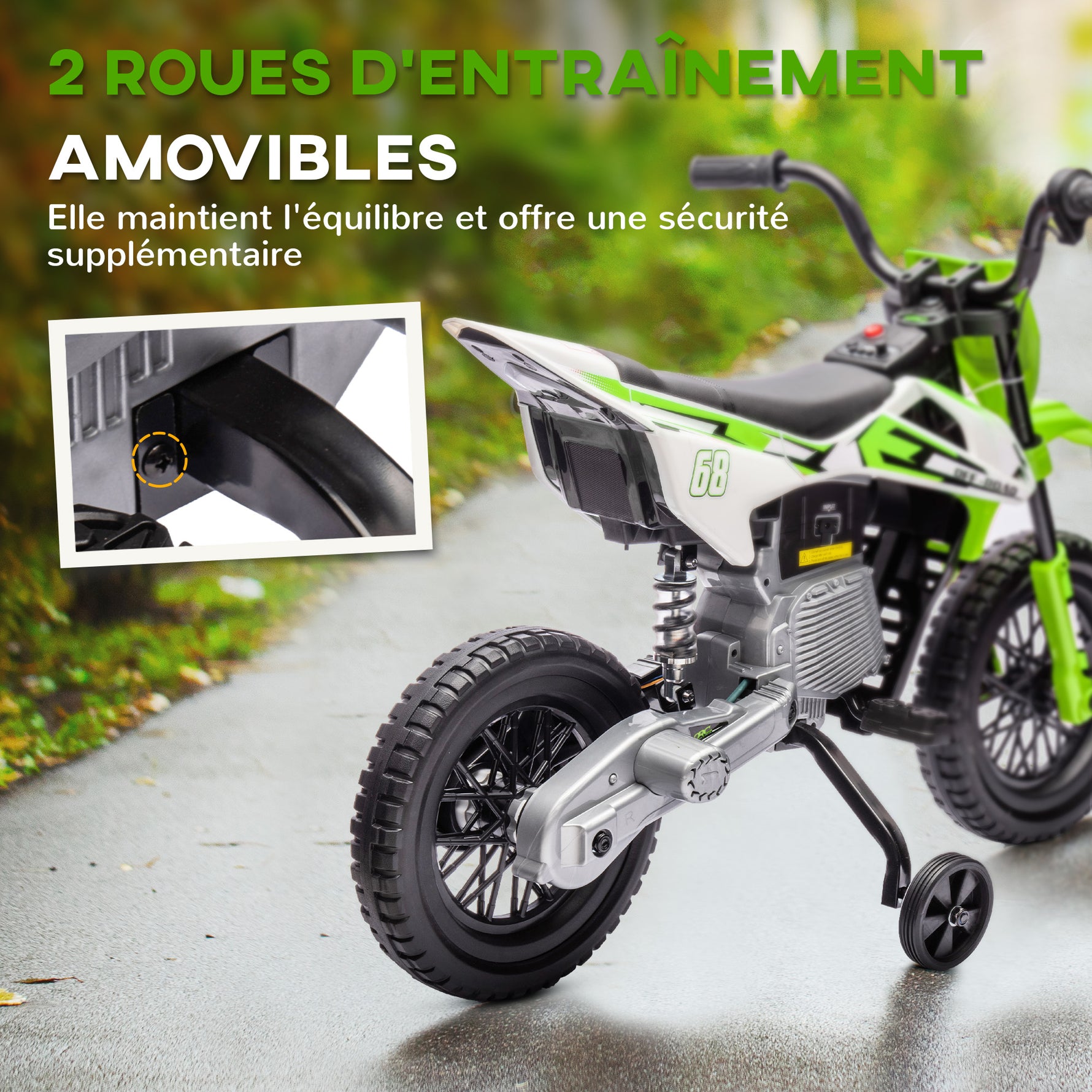 Moto électrique pour enfant moto cross pour enfants de 3 à 6 ans 2 moteurs 12V vitesse max. 5 km/h vert