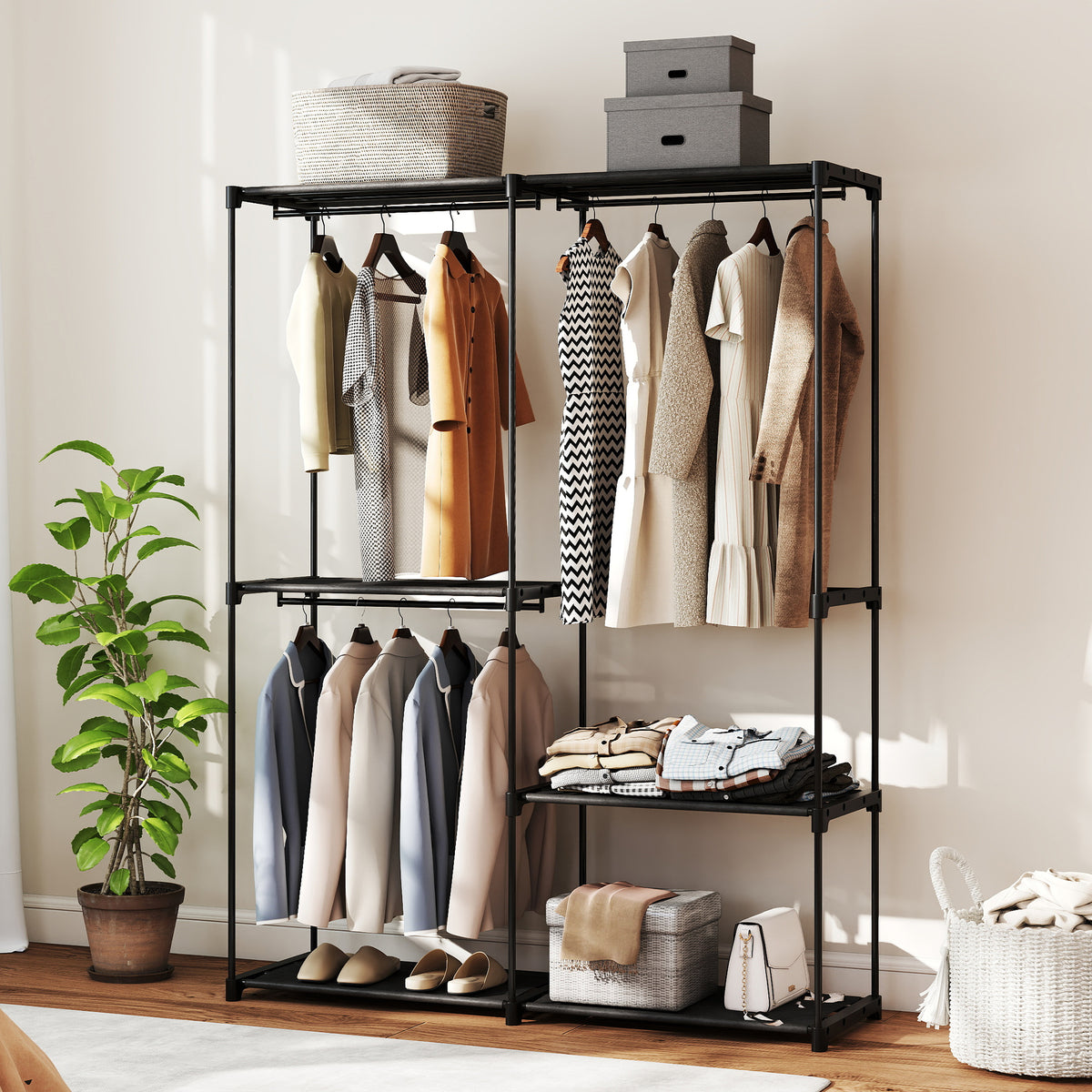 Armoire de rangement, penderie portable avec 3 barres de suspension et 4 étagères, 142 x 43 x 185 cm, noir