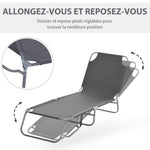 Bain de Soleil transat Pliable Dossier réglable Multipositions métal et Polyester Gris