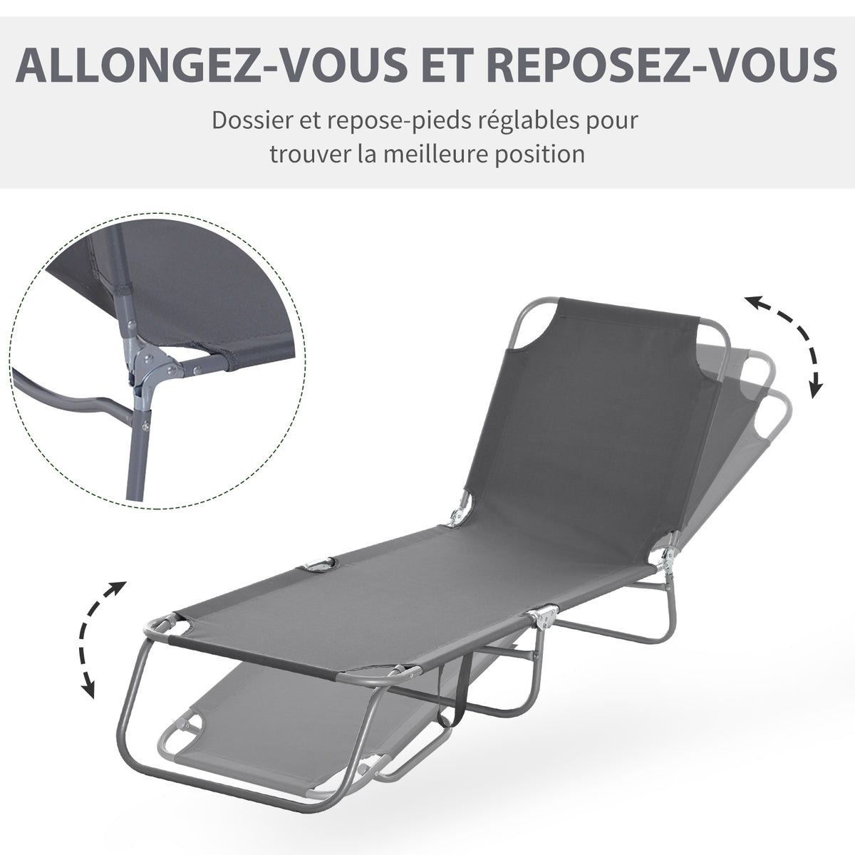 Bain de Soleil transat Pliable Dossier réglable Multipositions métal et Polyester Gris
