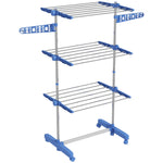 Séchoir à linge étendoir pliable ailes latérales utilisation intérieure et extérieure 3 niveaux 142 x 55 x 152 cm bleu