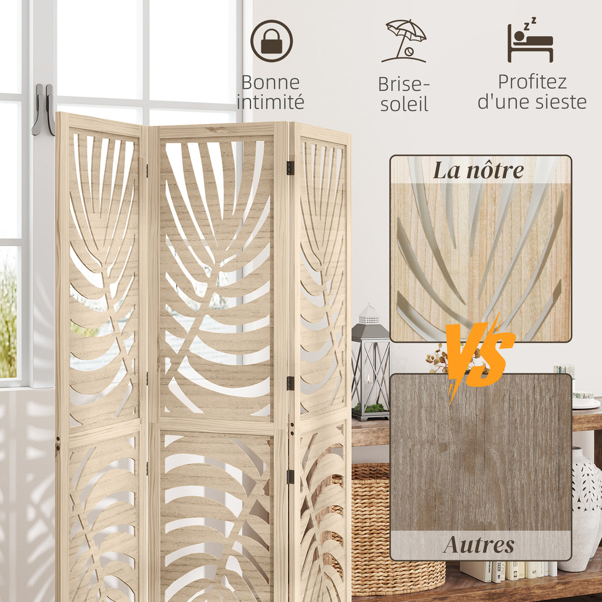 Paravent interieur en bois 3 panneaux 120 x 170 cm, pliable et portable, motif de feuille, design amovible, bois naturel