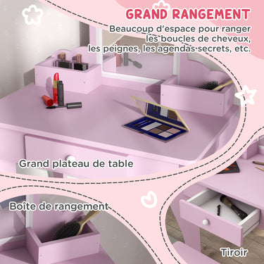 Coiffeuse pour enfant avec tabouret et miroir, table de maquillage avec tiroir et 2 compartiments, 55x36x86cm, rose