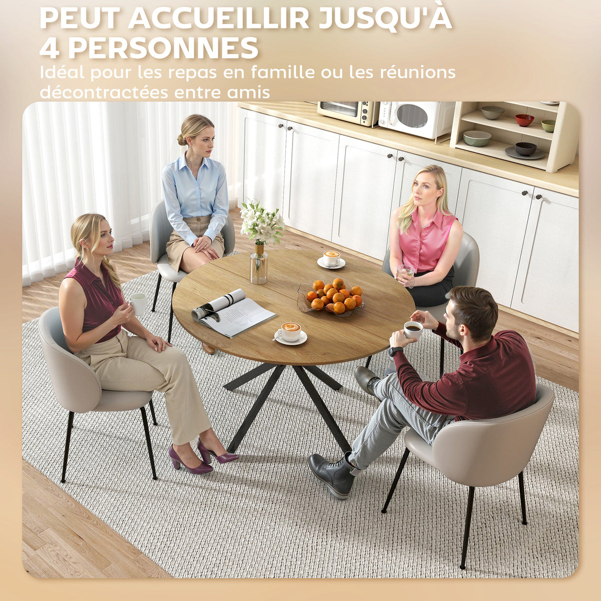 Table à manger ronde pour 4 personnes 120 cm style industriel avec plateau aspect bois, piètement croisé en acier, chêne