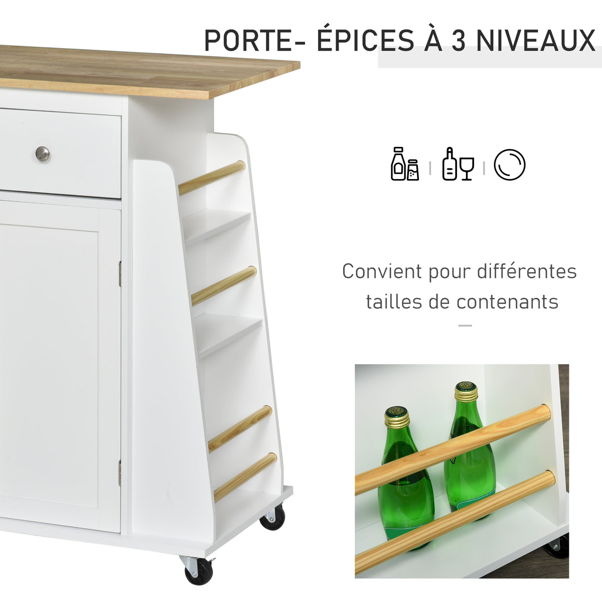 Desserte de cuisine ilôt cuisine avec plan de travail étagère range-bouteilles porte-torchons 2 tiroirs placard