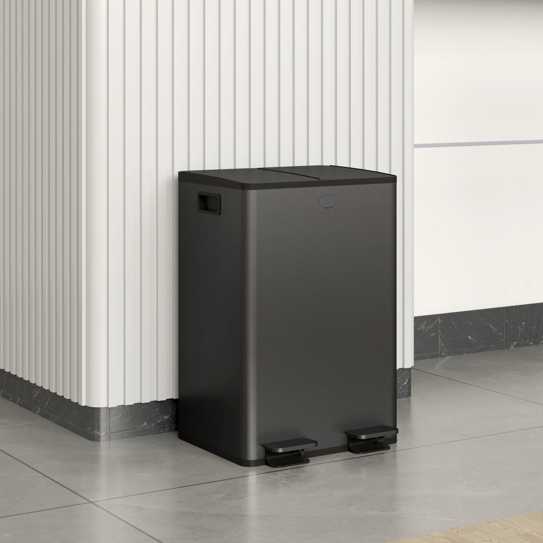 Poubelle de cuisine 2 compartiments de 2 x 28L, acier inoxydable, couvercle à fermeture douce, 45,8x36x67,6cm, noir
