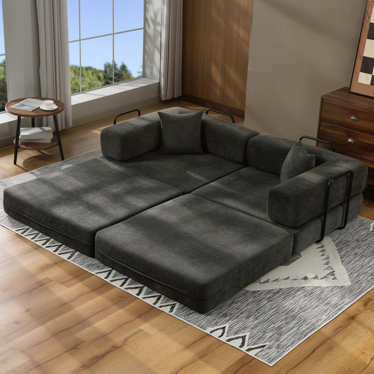 Canapé Convertible 2 Places, Canapé-Lit en Chenille 198 cm, Assise et Accoudoirs Larges, 2 Coussins, Gris Foncé