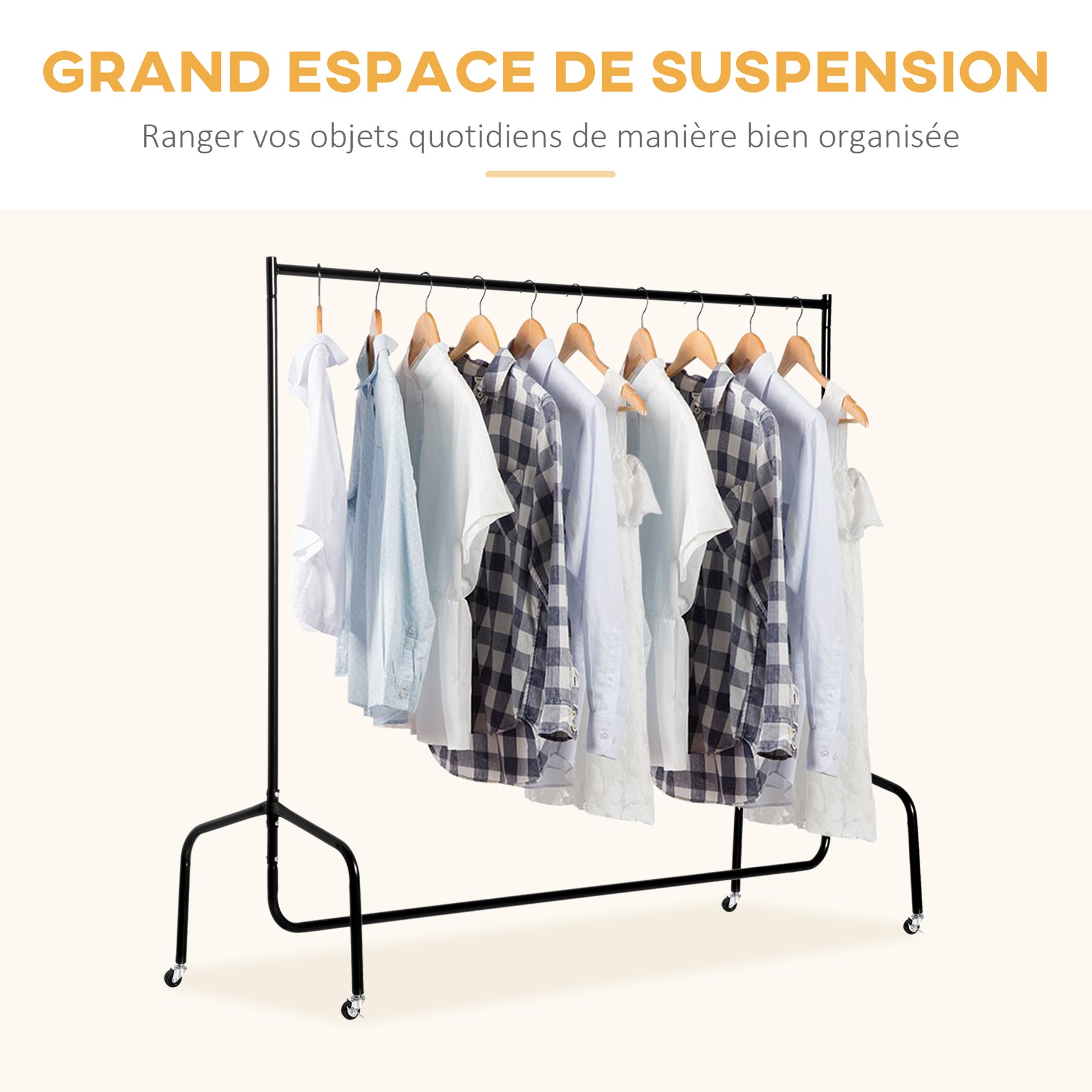 Portant à Vêtements avec Roulettes Tringle a Vêtement solide Charge 140 Kg 150 x 60 x 170 cm Porte-Manteau en acier noir