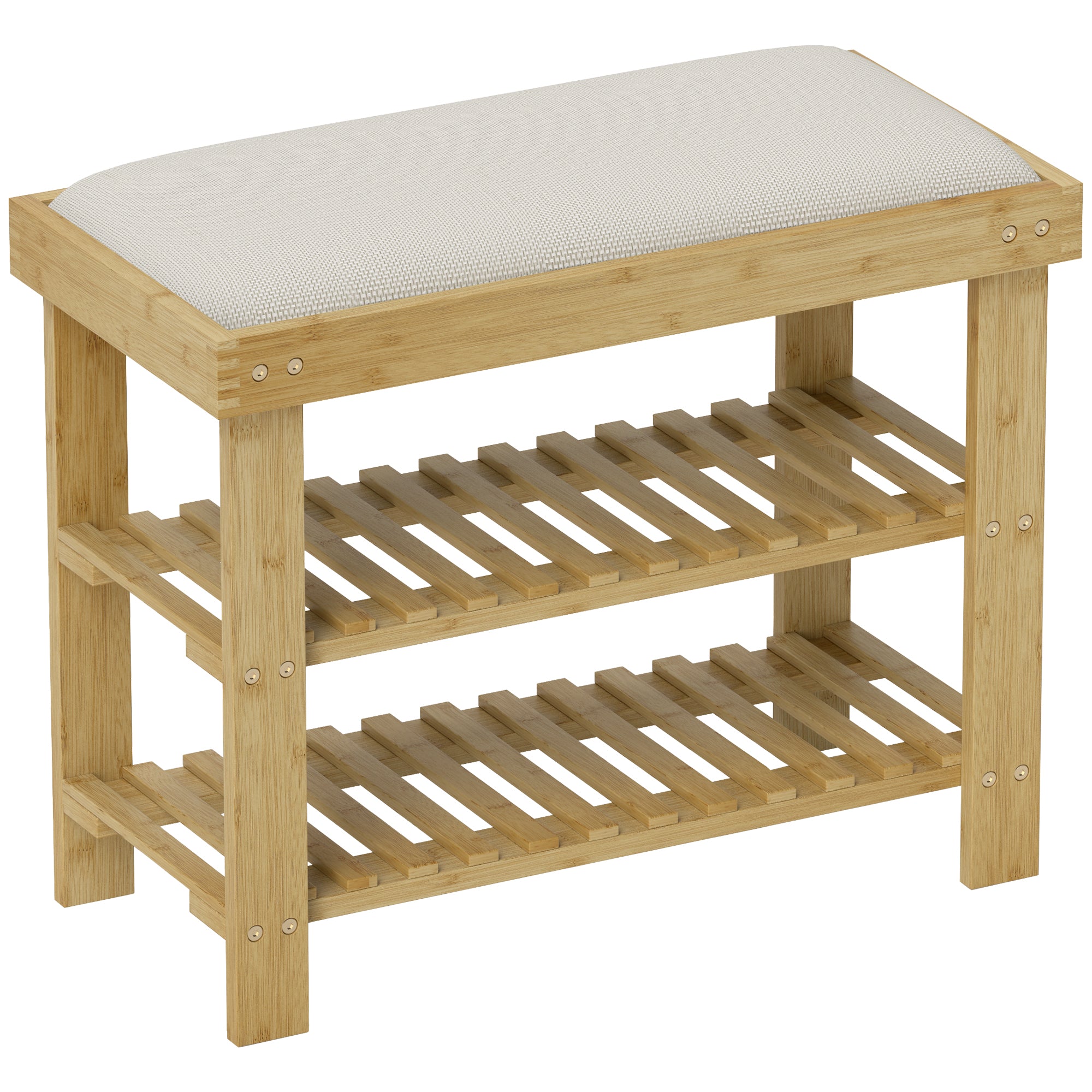 Panca scarpiera in bambù, scarpiera a 3 livelli, stile scandinavo, 60 x 29 x 49 cm, color crema e legno naturale