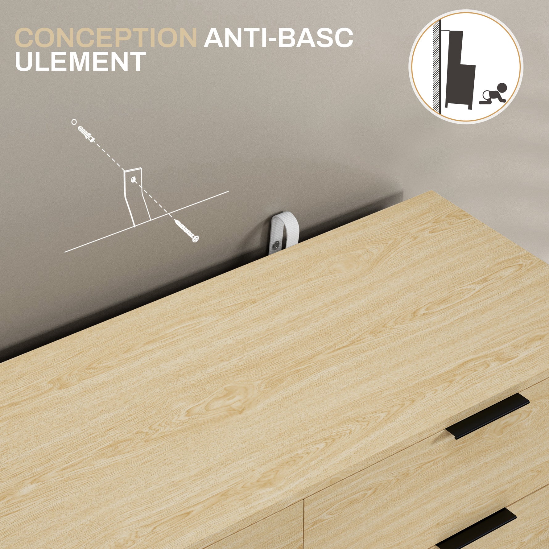 Commode 6 tiroirs Commode moderne pour chambre à coucher avec design anti-basculement 110L x 40l x 75H cm Aspect bois