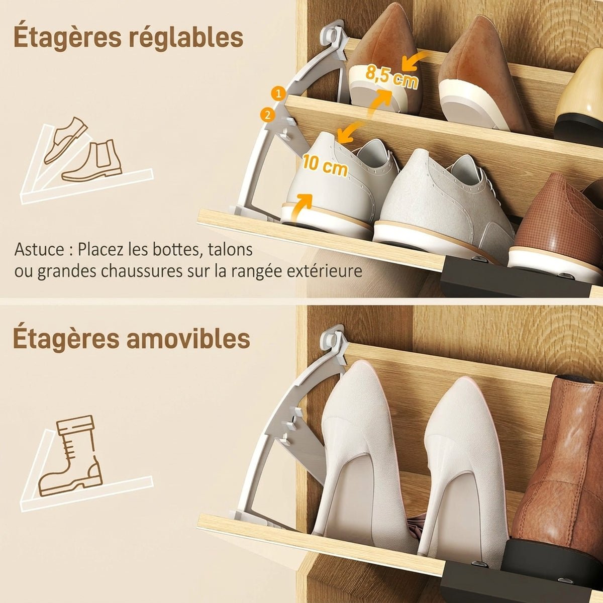 Scarpiera 10 Paia, Armadio per Scarpe, Ante a Specchio, 2 Cassetti e Scomparti Aperti, Rovere