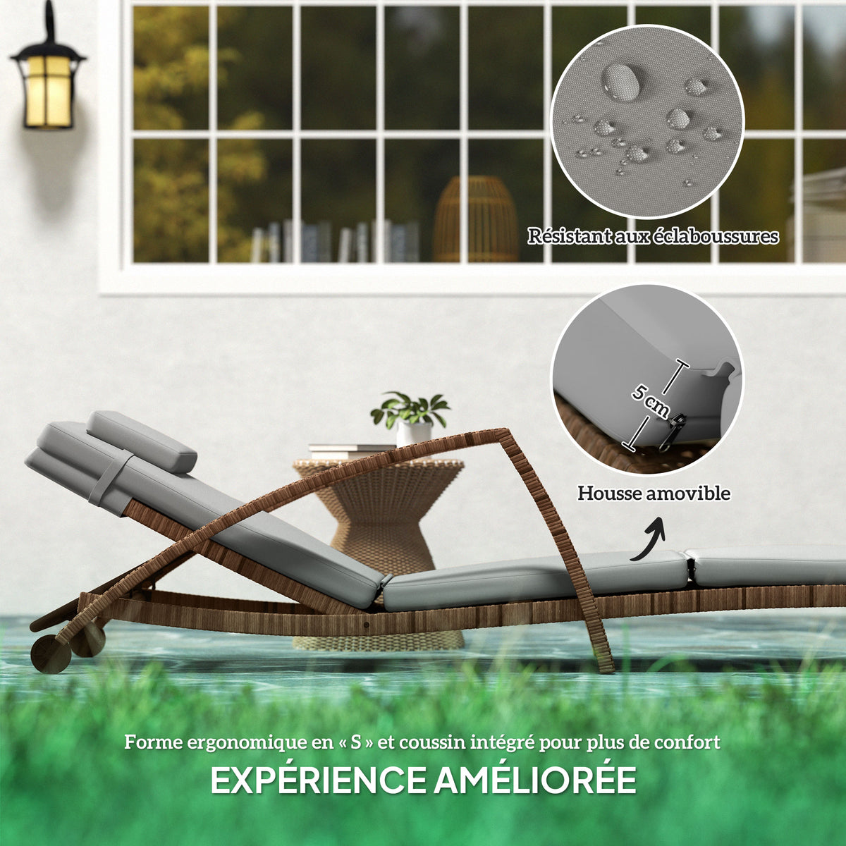 Bain de soleil, chaise longue en résine tressée avec dossier réglable, roulettes, coussin et accoudoirs, marron et beige