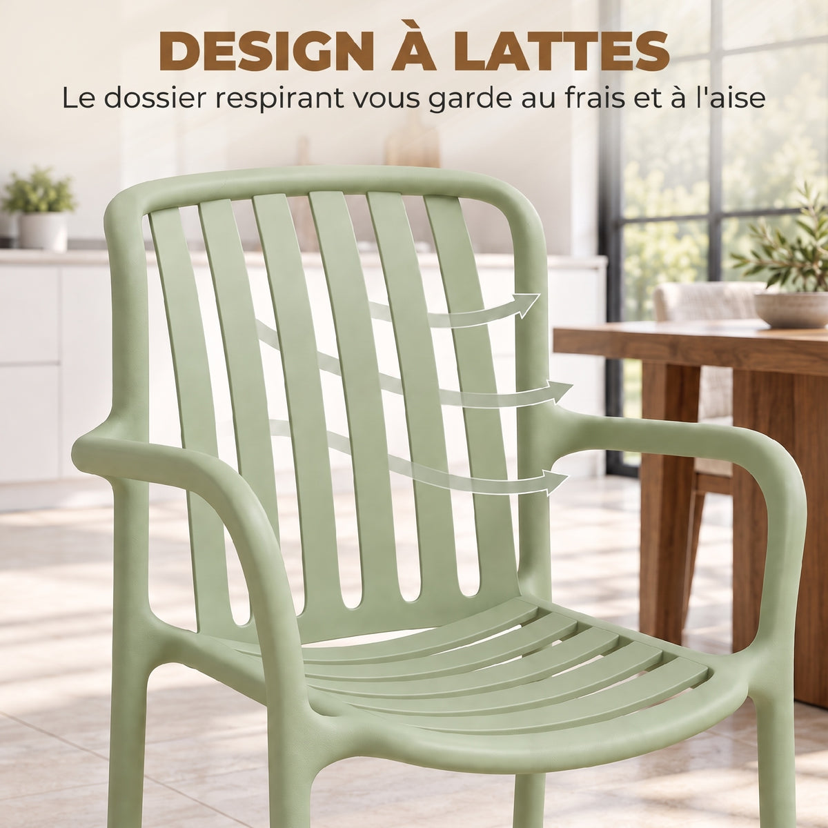 Lot de 4 Chaises Salle à Manger, Chaises de Cuisine Empilables en PP avec Dossier Incurvé à Lattes et Accoudoirs, Vert