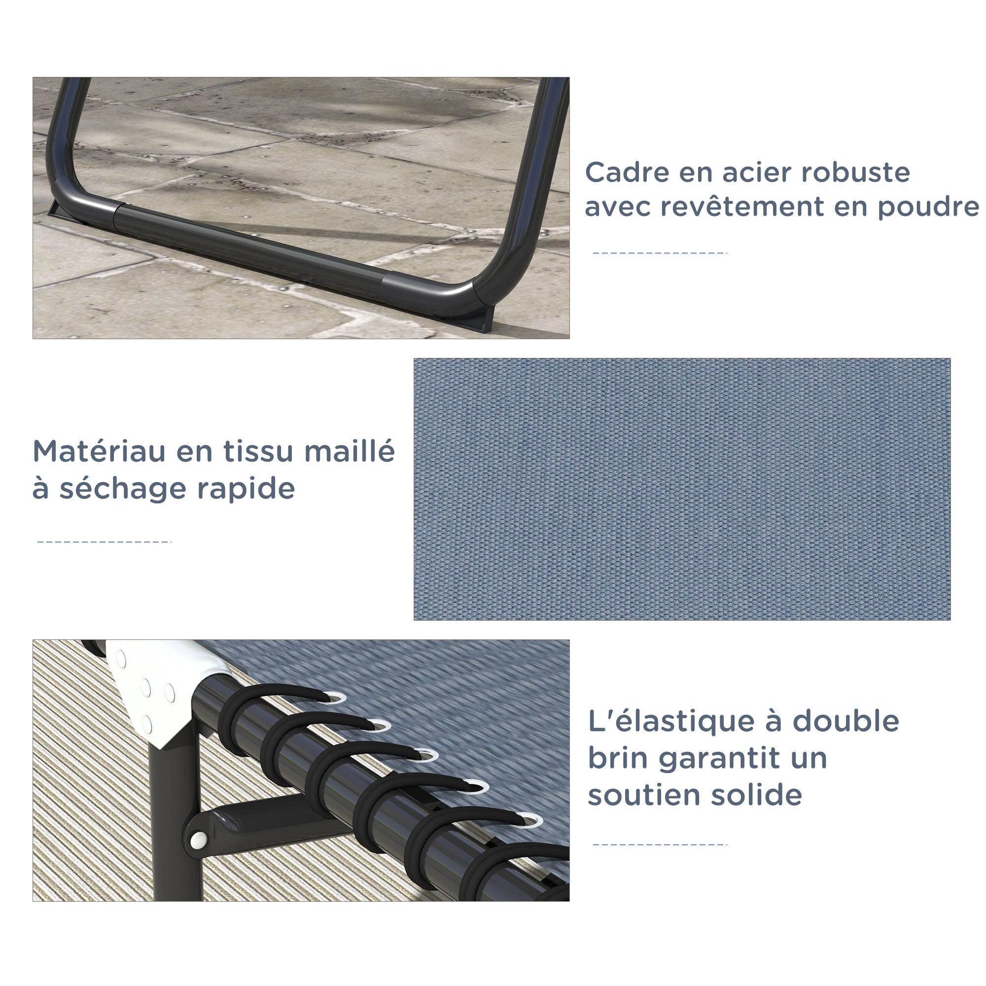 Lettino prendisole pieghevole, schienale reclinabile multi-posizione, acciaio termoplastico, lacci elastici, nero