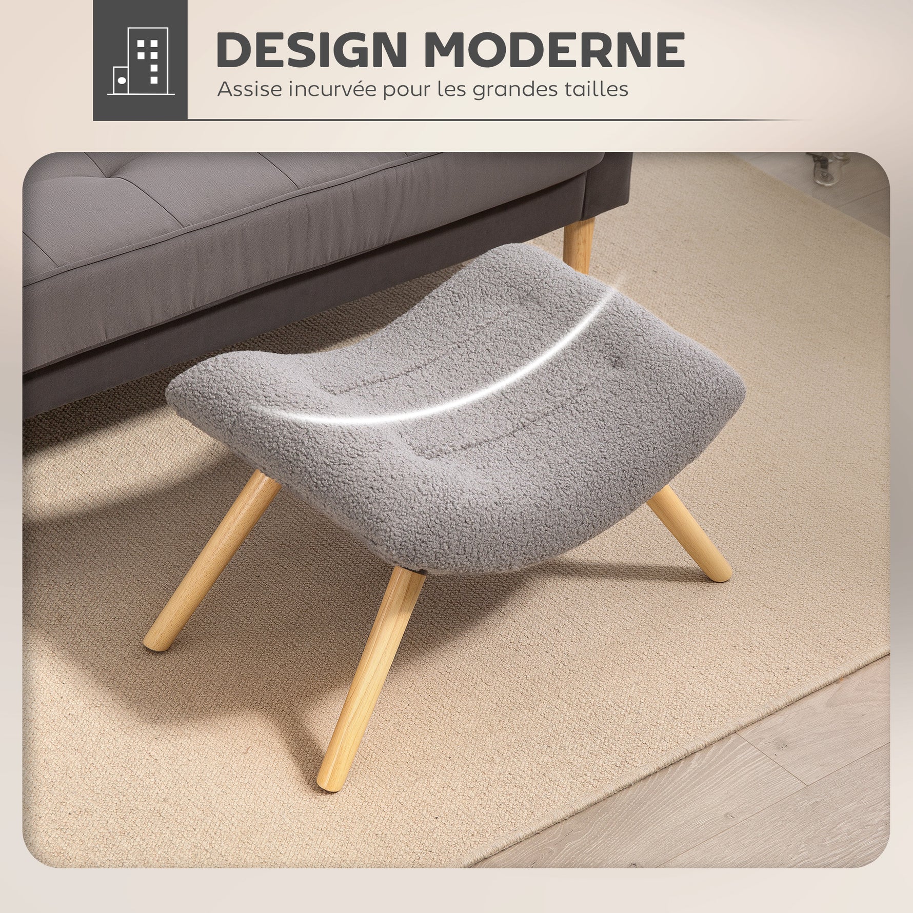 Repose pied salon ottoman pouf salon tabouret de canapé en tissu avec pieds en bois de hêtre, siège rembourré, gris