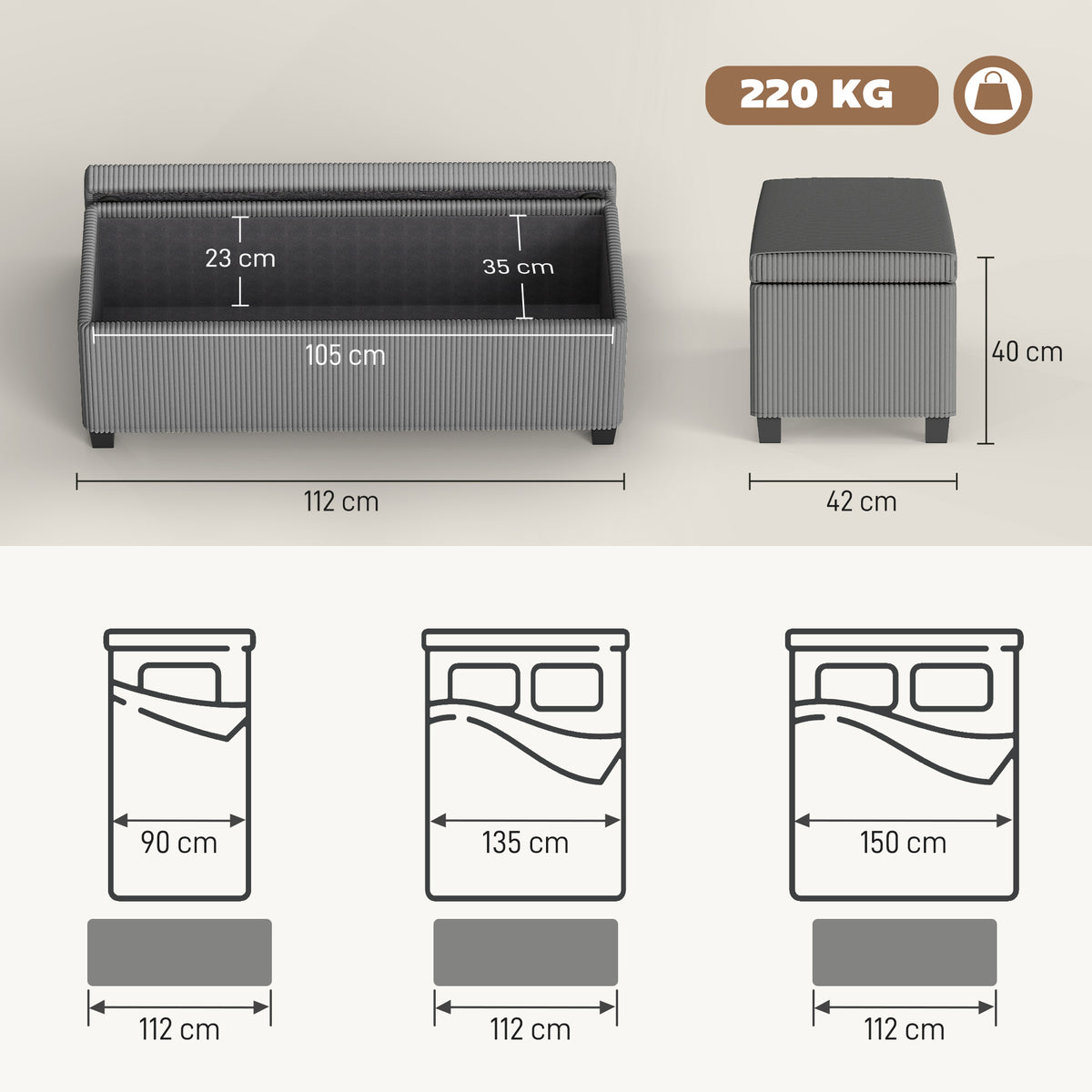 Banc de rangement bout de lit en velours côtelé avec couvercle, pour salon, chambre, entrée, 112 x 42 x 40 cm, gris