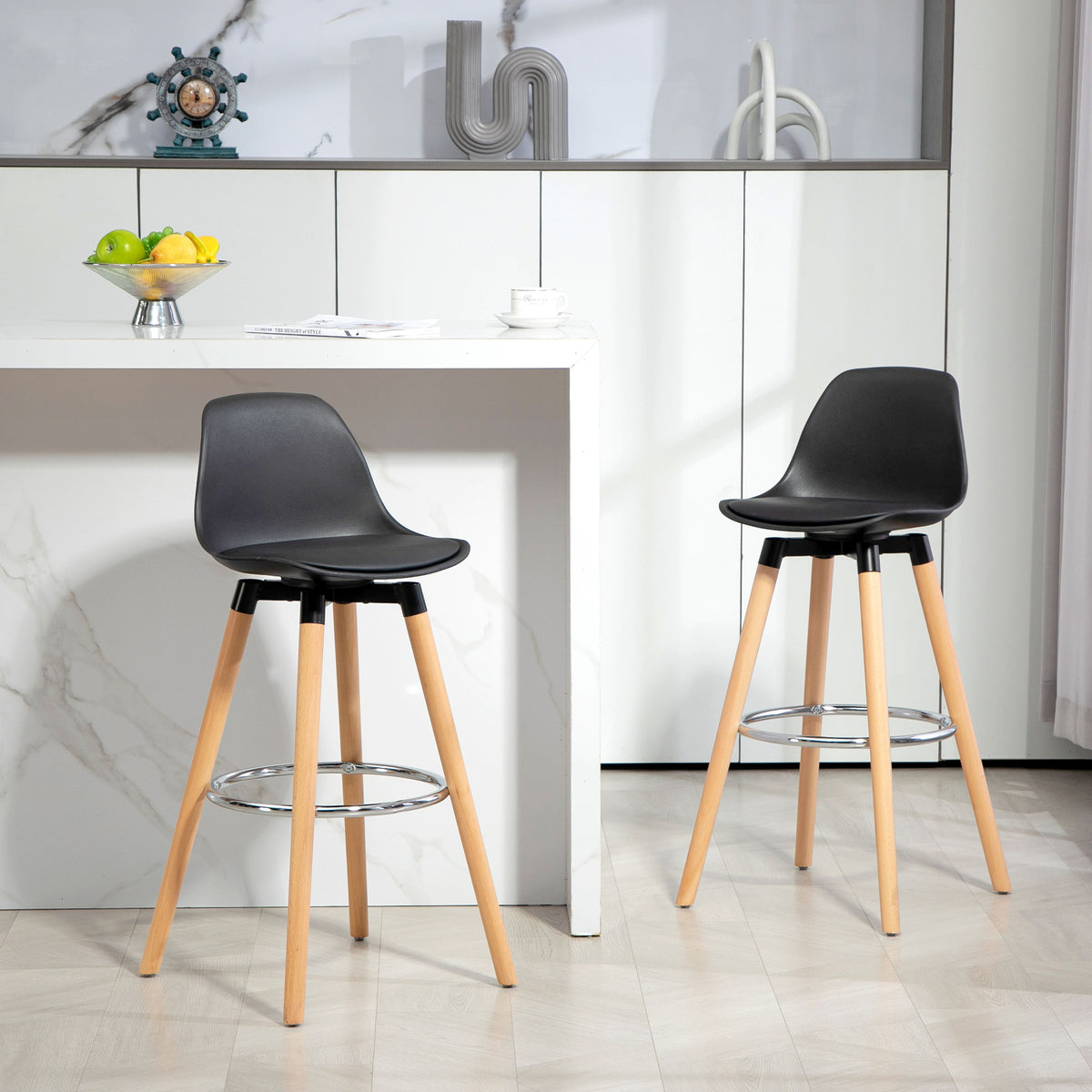 Lot de 2 tabourets de bar, chaises de bar avec dossier et repose-pieds, assise rembourrée, 43 x 43 x 91 cm, noir