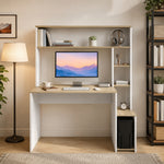 Bureau Informatique, 114 x 45 x 138 cm, Bureau avec Rangement, Étagères Ouvertes et Support UC, Blanc et Bois Naturel