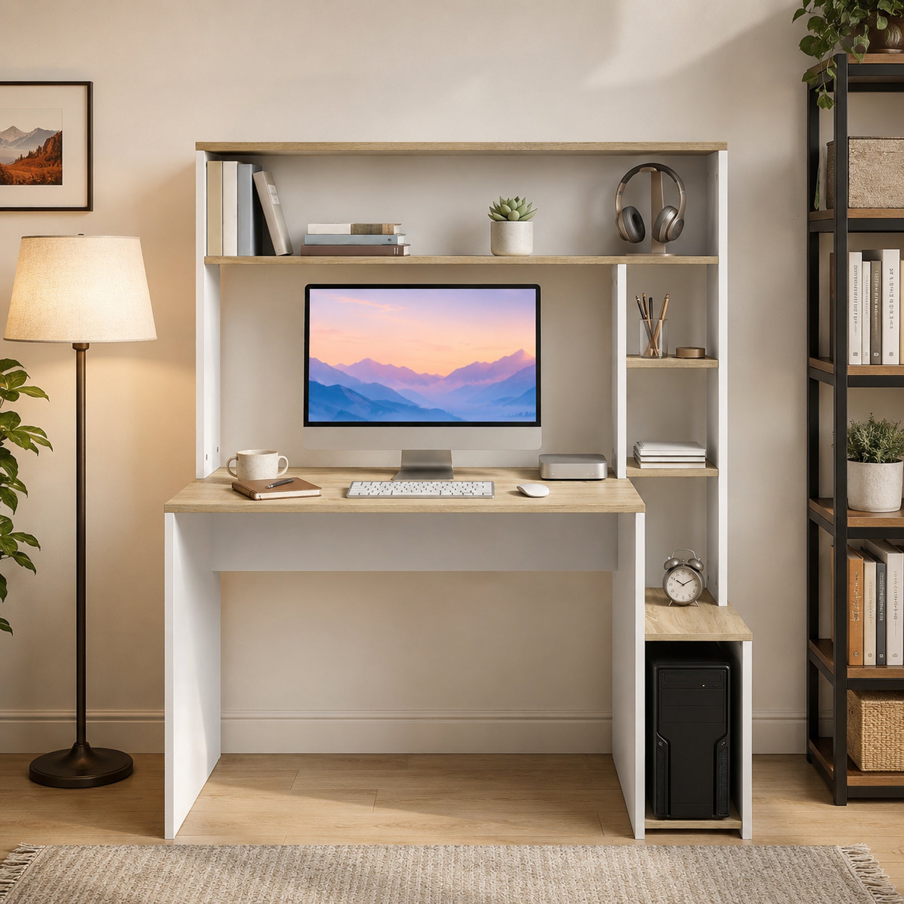 Bureau Informatique, 114 x 45 x 138 cm, Bureau avec Rangement, Étagères Ouvertes et Support UC, Blanc et Bois Naturel