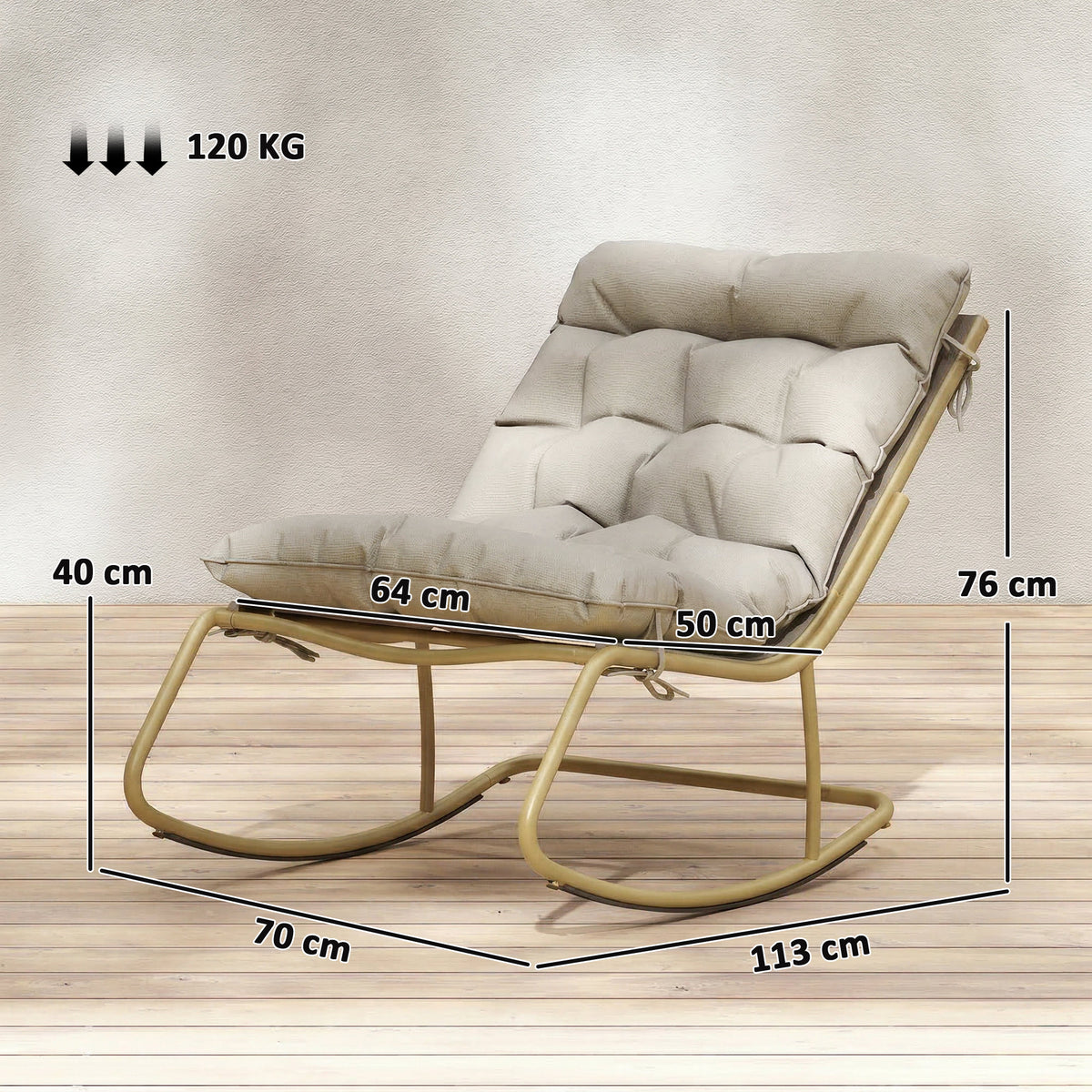 Fauteuil à Bascule Extérieur Coussin Moelleux 125cm Large 64cm en Acier et Textilène Beige et Doré