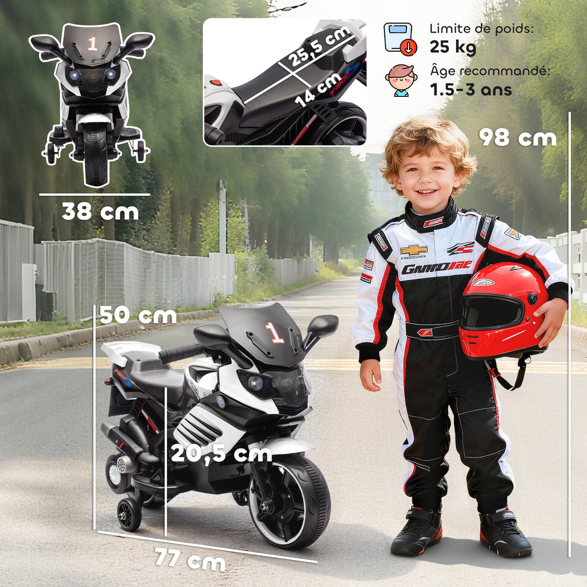 Moto électrique enfants 6 V, voiture électrique enfants avec roues d'entraînement, effets lumineux et sonores, blanc