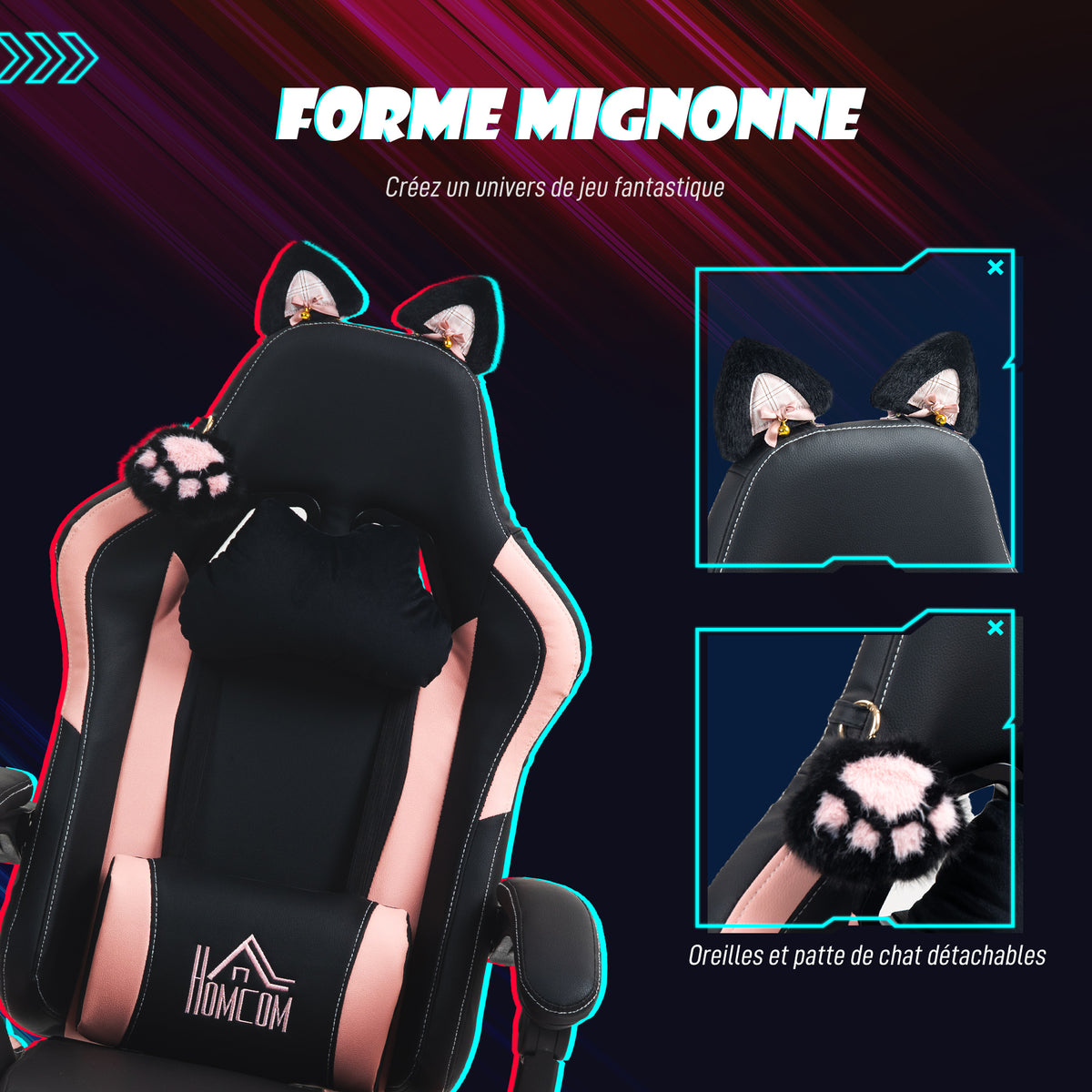 Chaise gaming ergonomique avec Oreilles de Chat, fauteuil gamer avec dossier inclinable, 65 x 62 x 124 cm, noir