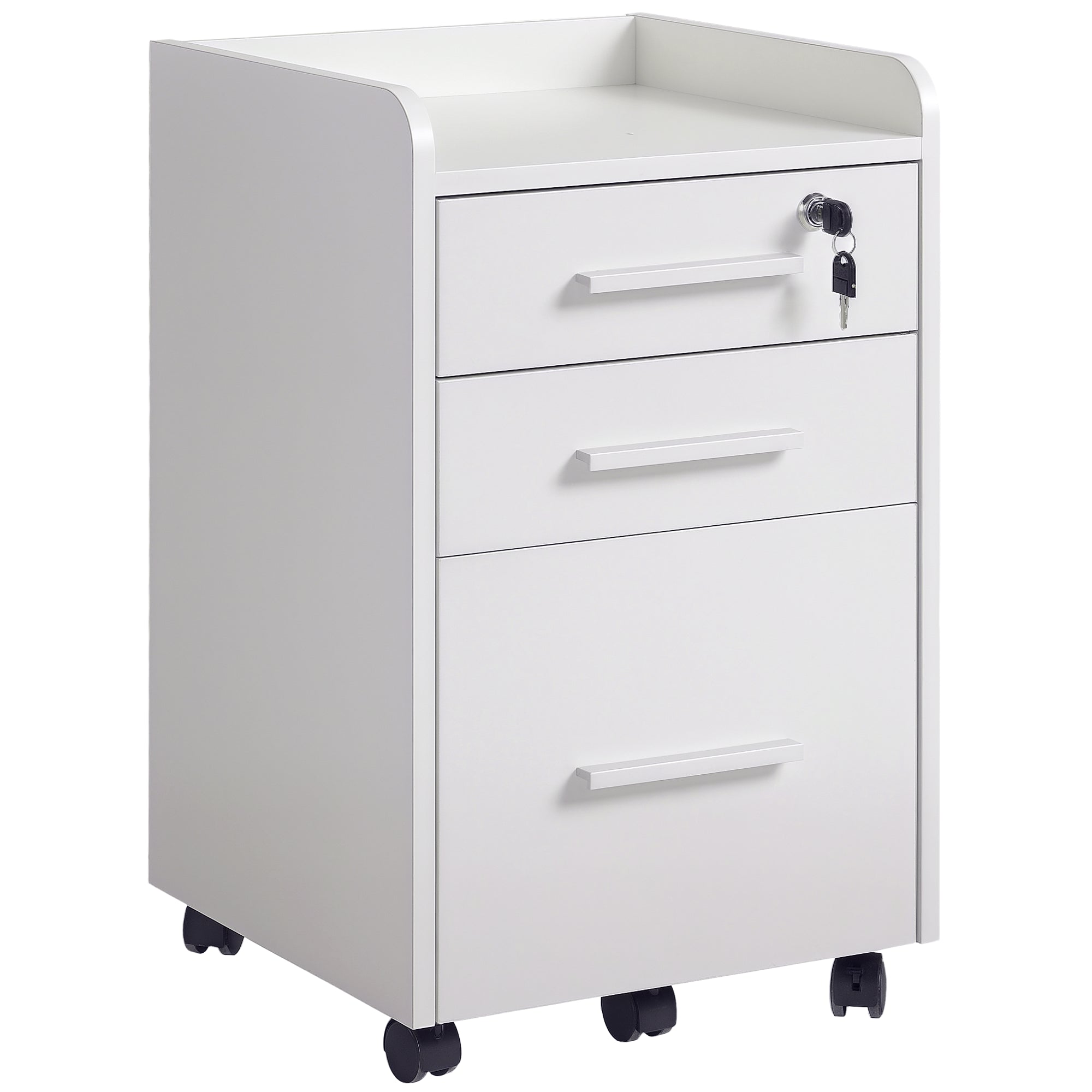 Caisson de bureau rangement bureau sur roulettes 3 tiroirs 1 verrouillable 1 trieur dossiers en bois blanc