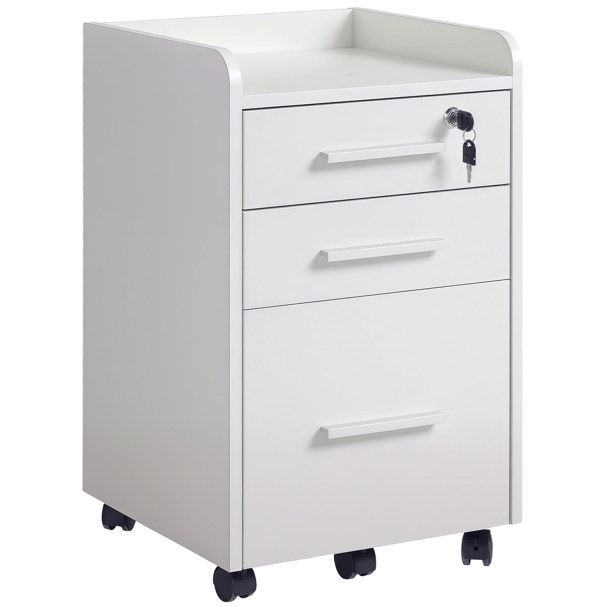 Caisson de bureau rangement bureau sur roulettes 3 tiroirs 1 verrouillable 1 trieur dossiers en bois blanc