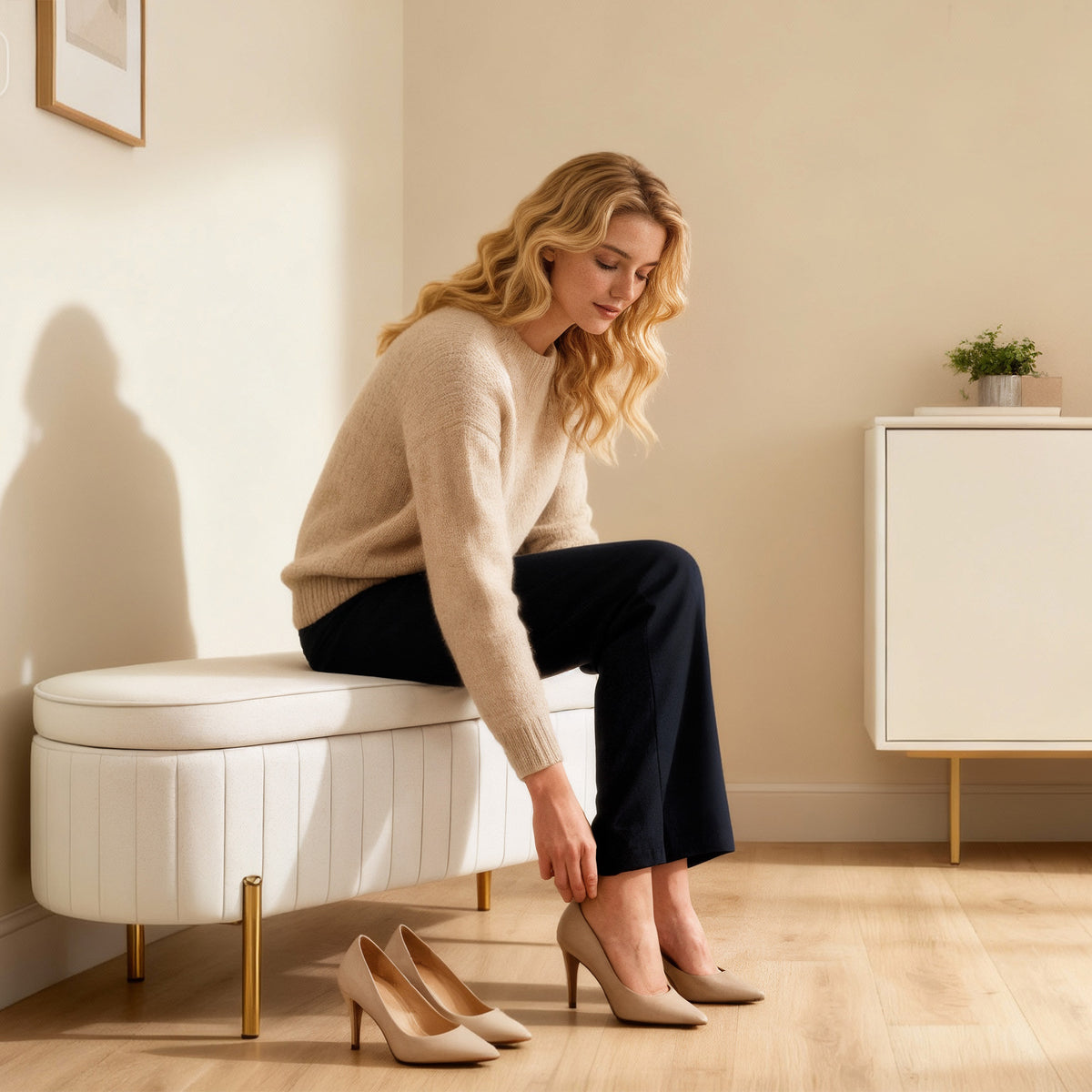 Banc de rangement, bout de lit en velours avec couvercle, pieds en métal, capacité 72 L, 108x44x43,5cm, crème-8