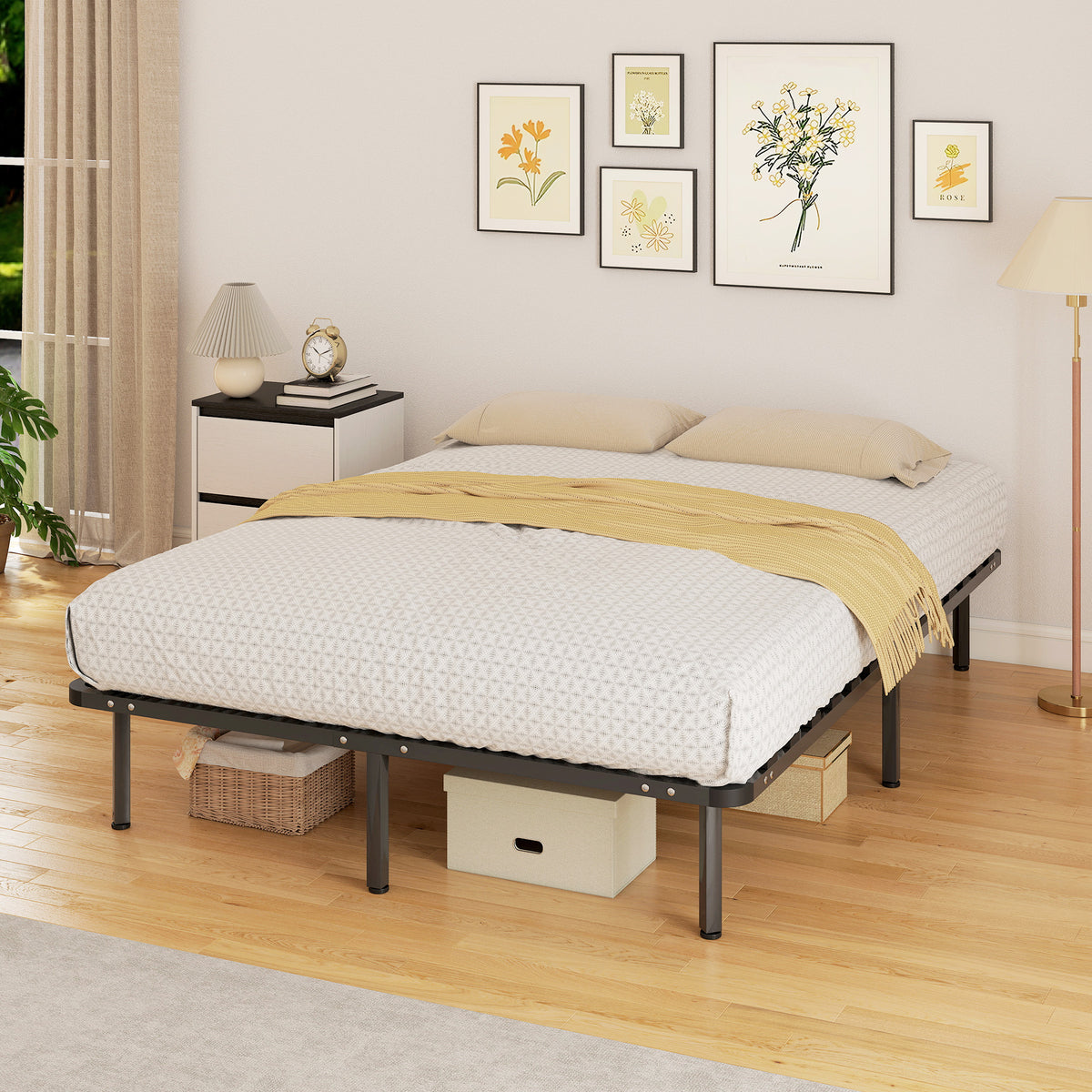 Estructura de cama de 140 x 190 cm, cama matrimonial con somier de láminas de madera maciza y piecero, con almacenamiento debajo, color negro