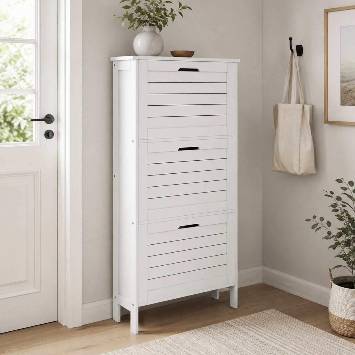 Meuble à Chaussures 6 Paires, Armoire à Chaussures Étroite Moderne, 3 Tiroirs Rabattables et Portes Persiennes, Blanc