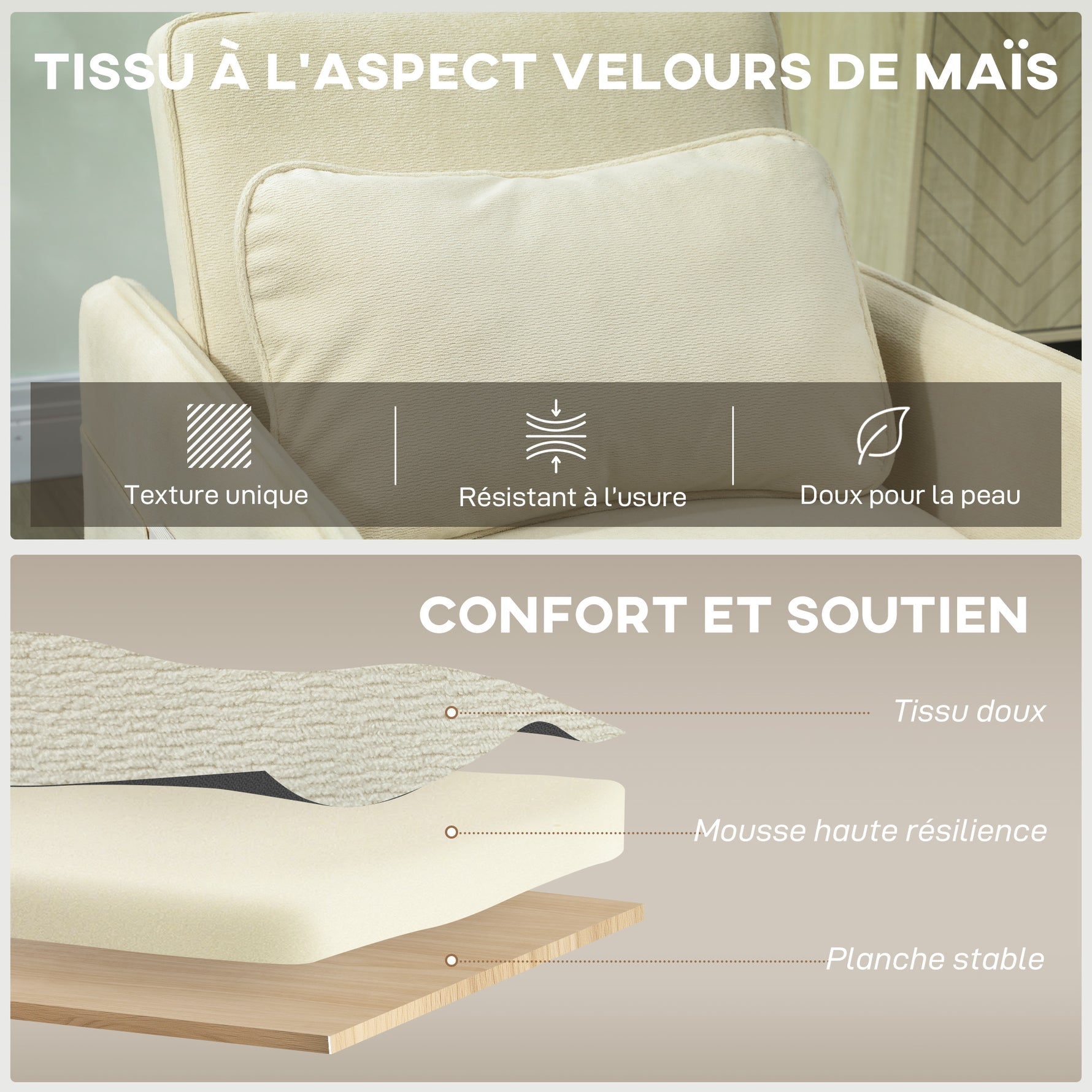 Fauteuil Convertible 1 Place, Fauteuil-Lit Clic-Clac 3 en 1 Rembourré en Velours Grain Maïs, Dossier Réglable, Beige